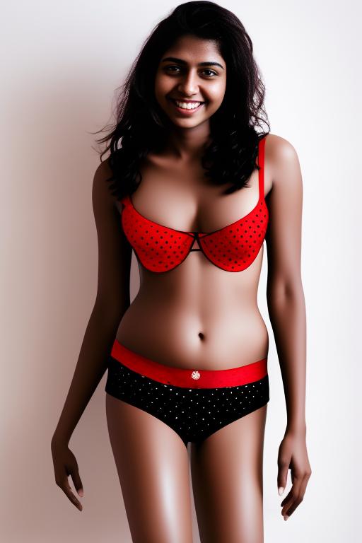 Indian black skinny girl with small tits and wearing rose padded bra and  red dotted panty. Nipple visible through bra